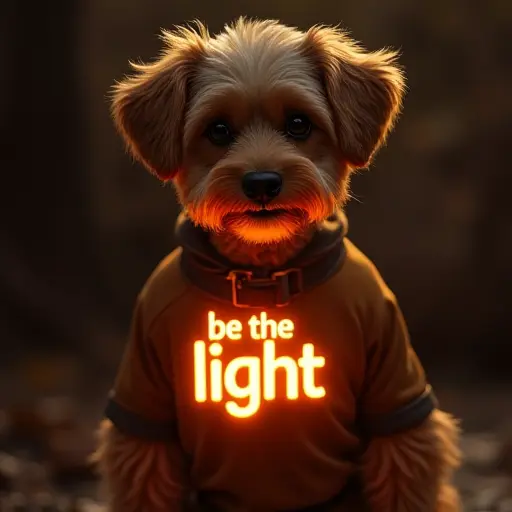 dog, T-shirt, slogan Be the Light, glowing style