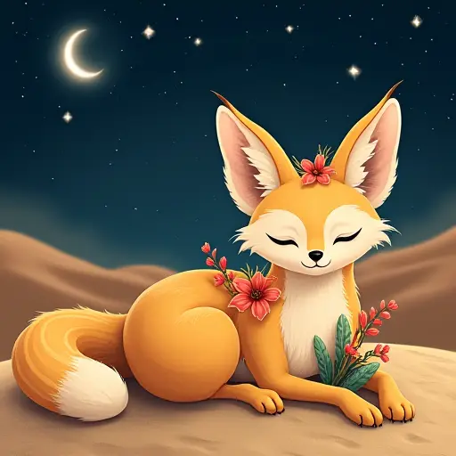 A fennec fox with sand dunes and desert flora adorning its coat, resting under a starry night in a peaceful desert setting.