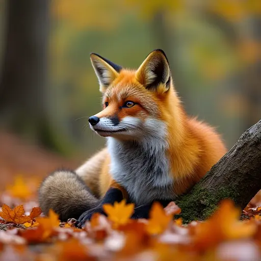 A fox resting near a fallen tree branch, covered in a blanket of autumn leaves, as the cool breeze swirls the colorful leaves around it in the serene forest.