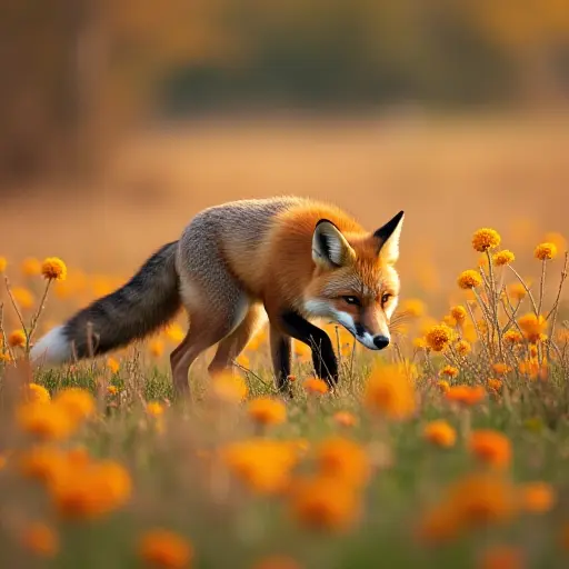 A fox exploring a field of wildflowers in an autumn meadow, its fur blending with the surrounding colorful leaves, creating a vibrant and peaceful autumn scene.