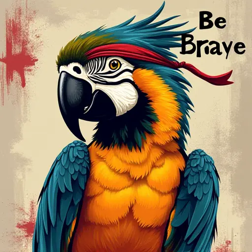 parrot, headband, slogan Be Brave, graffiti style