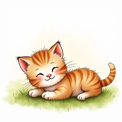 A playful kitten lying on the grass, sketched in soft, flowing lines with gentle watercolor hues.