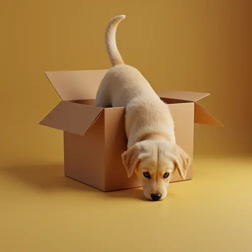 8k hyper real octane render blender of The small Golden Retriever dives headfirst into the box, its tail swishing gently as it explores the surroundings.