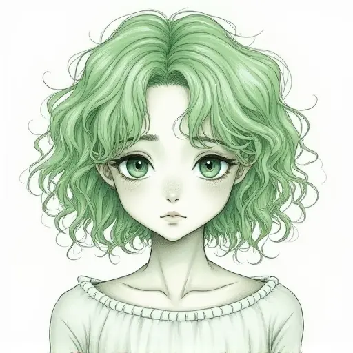 A girl with curly green hair and a calm expression, sketched in fine pencil lines with gentle shading.