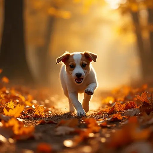 A small dog chasing its own shadow among the swirling autumn leaves, its paws kicking up a trail of golden leaves as the sun casts long, warm shadows across the forest floor.