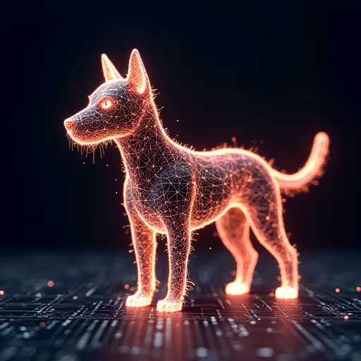 A dog avatar surrounded by a glowing digital grid, with its body made up of wireframe elements and data particles.