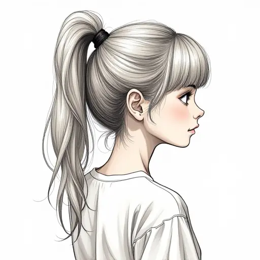 A girl with a high ponytail, drawn in light ink strokes with subtle highlights for her hair and skin.