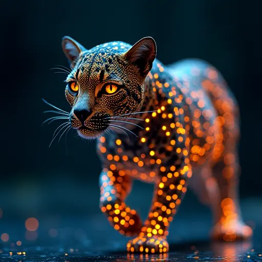 A leopard avatar with a body covered in glowing circuit patterns, its eyes scanning the digital world with precision.