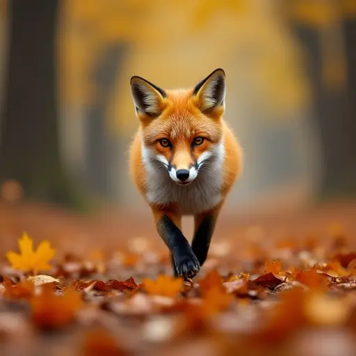 A fox running through a forest filled with falling autumn leaves, its fur blending with the colors of the season as it darts between trees.