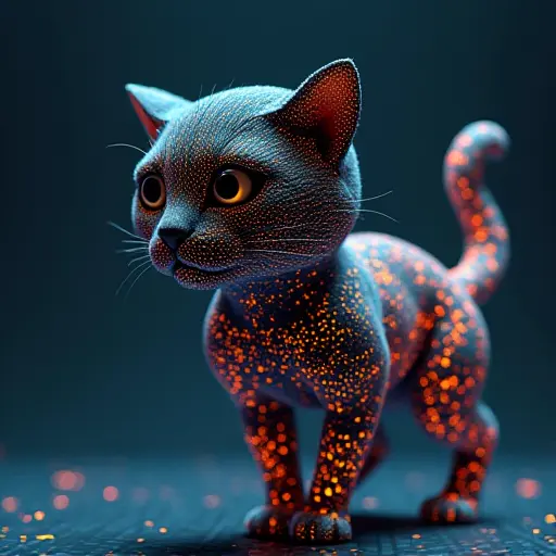 A cat avatar that morphs and shifts as lines of code animate across its body, showing the flexibility of digital environments.