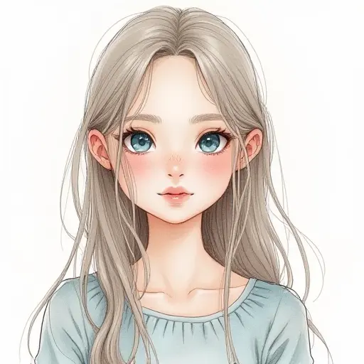 A girl with long hair and blue eyes, sketched in soft pencil strokes with gentle watercolor accents.