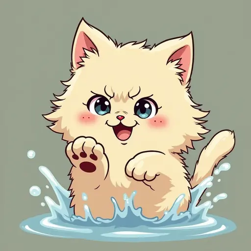 studio ghibli style of A persian cat playfully splashing water with its paws, showing a mischievous expression.