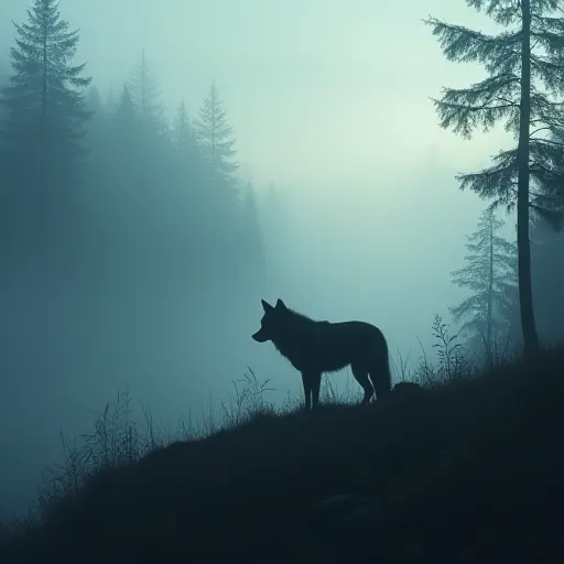 A wolf standing on a hill in a foggy forest, its silhouette barely visible through the thick mist, with faint sunlight breaking through.