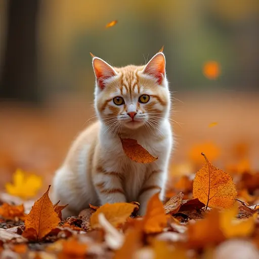 A cat sitting on a large pile of fallen leaves, its fur covered with a few orange and yellow leaves, surrounded by the gentle fall of autumn foliage.