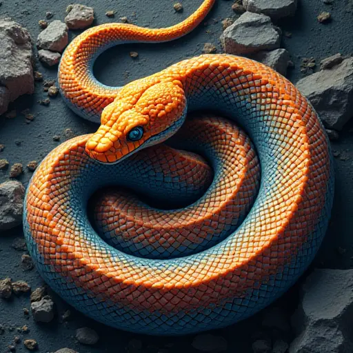 A snake twisted into a spiral pattern, with scales resembling abstract swirls and vibrant colors.