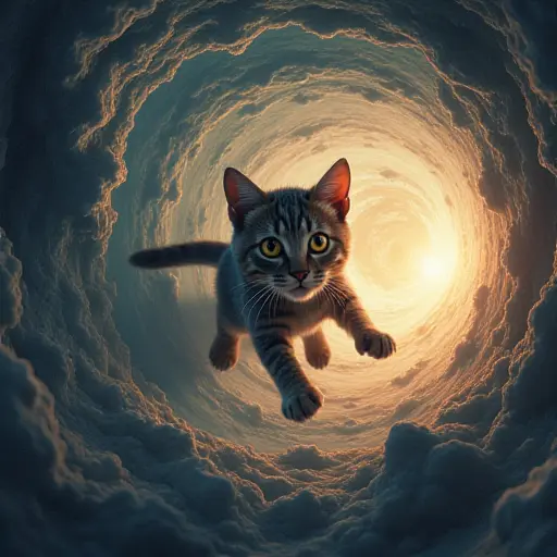 A cat avatar surrounded by warping space, where the fabric of time and space itself seems to twist around it.