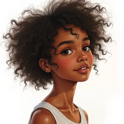 A girl with dark skin and natural curly hair, sketched with fine lines and subtle watercolor accents.