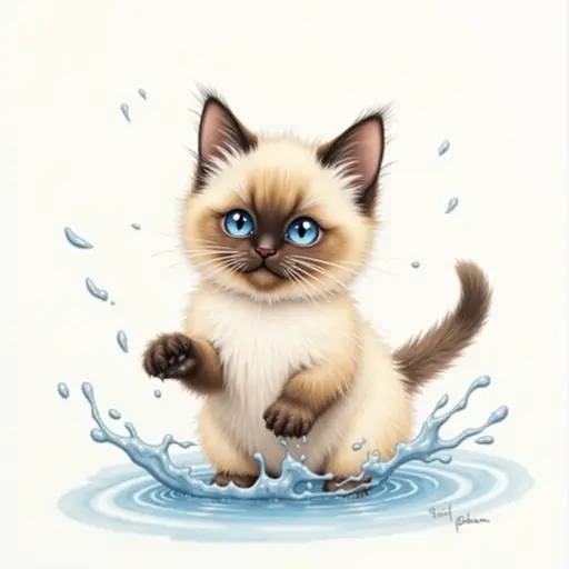 colored pencil drawing of A birman cat playfully splashing water with its paws, showing a mischievous expression.