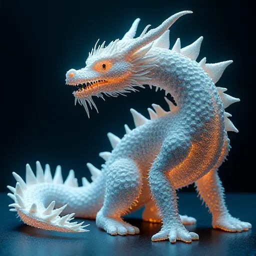 A dragon avatar formed by nano-particles that shift and morph around its body, representing advanced technology and transformation.