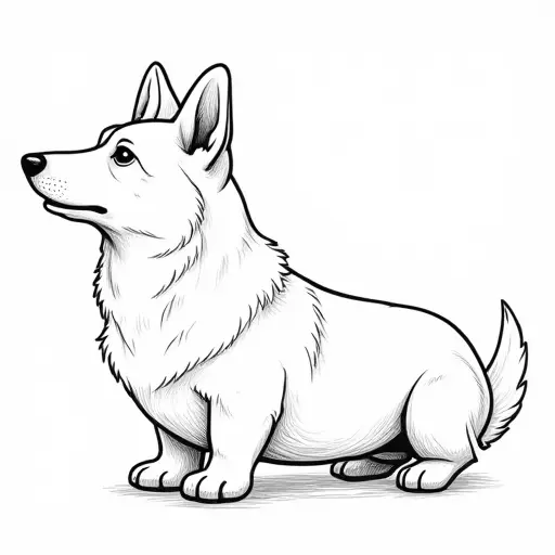 black and white simple line drawing of a corgi from the side view