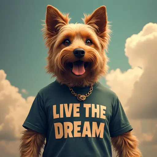 dog, T-shirt, slogan Live the Dream, surreal style