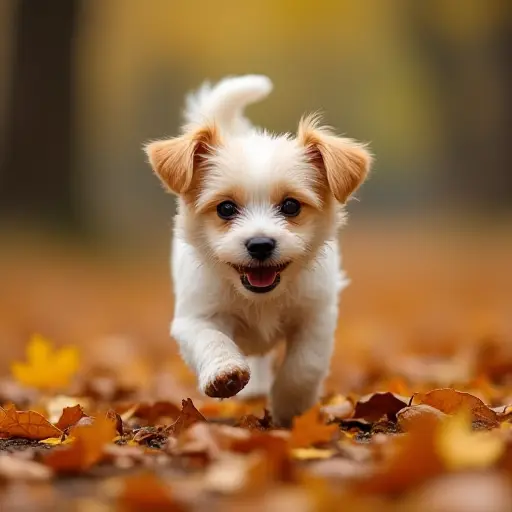 A small dog playfully running through a forest covered in fallen autumn leaves, its fur covered with bits of golden leaves, tail wagging with excitement.