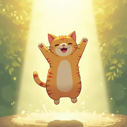 A cat jumping in the sunlight, its wet fur looking particularly joyful, Japanese Cartoon style.