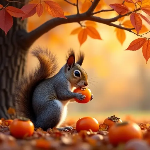 A squirrel nibbling on a ripe persimmon beneath an autumn tree, with leaves scattered on the ground around it, the orange hue of the fruit adding to the vibrant autumn palette of gold and red leaves.