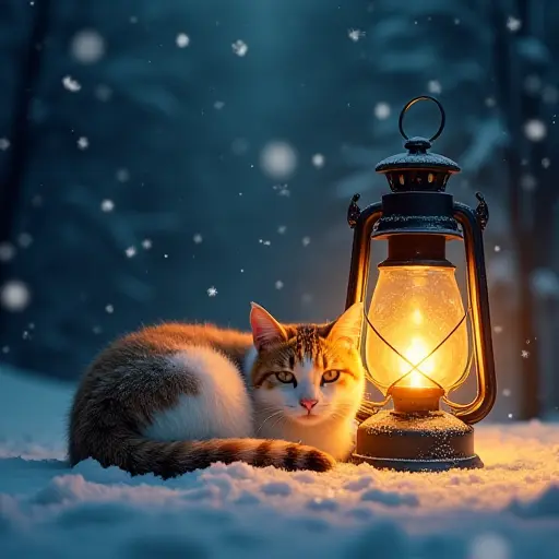 A cat curled up beside a glowing lantern, surrounded by snowflakes falling in a quiet winter night.