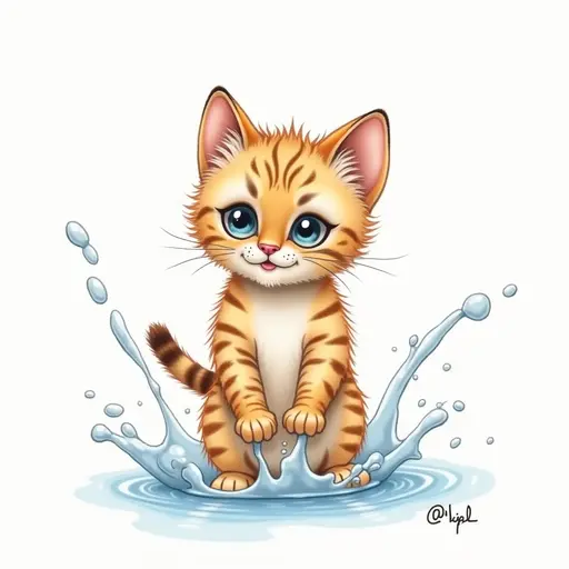 colored pencil drawing of A bengal cat playfully splashing water with its paws, showing a mischievous expression.