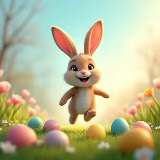 An Easter bunny hopping joyfully around a meadow, surrounded by colorful Easter eggs, with soft spring flowers blooming all around and pastel-colored eggs scattered across the ground.