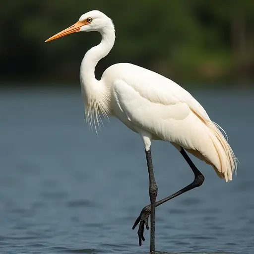 Elegant crane with long legs, white feathers, and a graceful pose by the water.