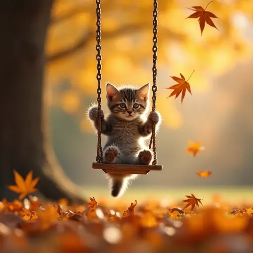 A kitten playing on a swing hanging from a tree in a field of autumn leaves, the swing gently swaying as the kitten tries to catch the falling leaves around it.