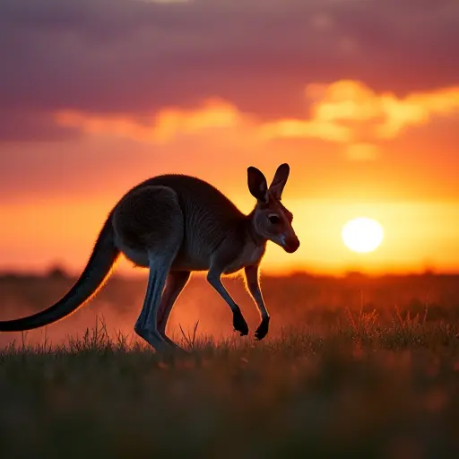 A kangaroo hopping through a grassy plain during sunset, with vibrant orange and purple clouds reflecting in the sky, and kangaroo paws kicking up dust.