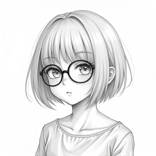 A girl with short hair and glasses, drawn in light pencil strokes with soft shading for a thoughtful look.