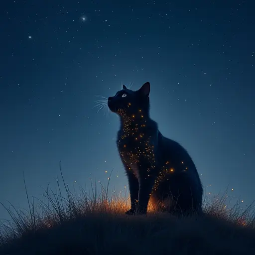 A cat with tiny glowing stars embedded in its fur, sitting atop a hill under a clear, infinite night sky.