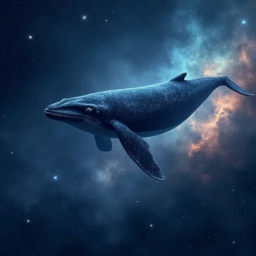 A whale soaring through a cosmic sea of stars, its body blending with the night sky and glowing nebulae.