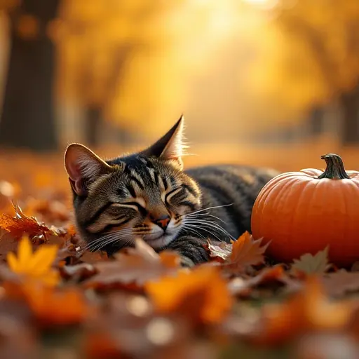 A tabby cat sleeping on a pile of fallen leaves, surrounded by pumpkins and golden light streaming through an autumn orchard.