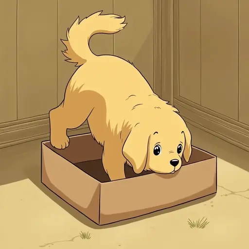 studio ghibli style of The small Golden Retriever dives headfirst into the box, its tail swishing gently as it explores the surroundings.