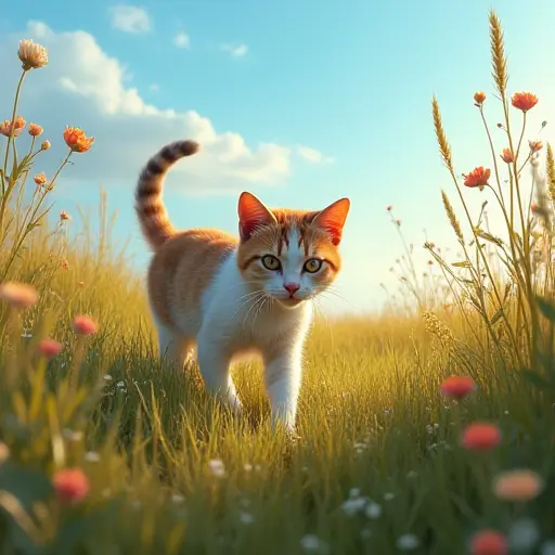 A cat wandering through an overgrown field, surrounded by wild grasses and flowers under an open blue sky.