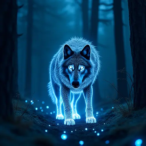 A wolf glowing with bioluminescent patterns, walking through a moonlit forest with glowing trails in its wake.