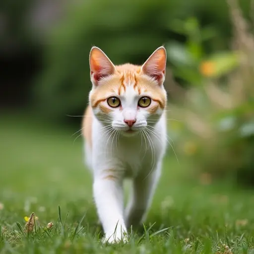 Calm cat walking in a garden, looking around with bright eyes and a relaxed pace.