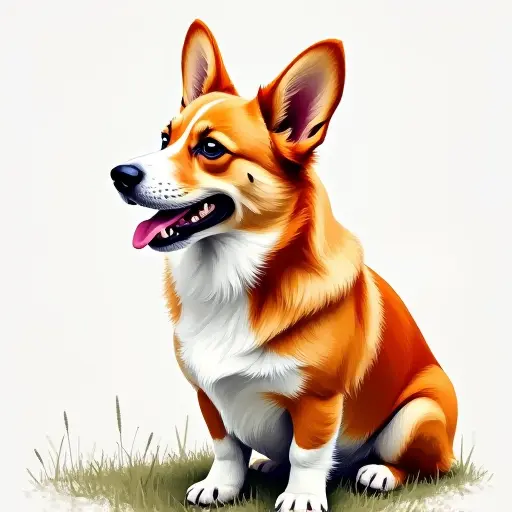 pointillism painting of a corgi from the side view