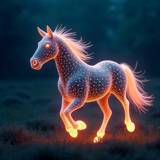 A horse avatar formed from glowing lines of code and circuit-like fur, running through a digital landscape.