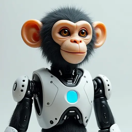 A robotic monkey avatar with mechanical limbs and a digital interface on its chest, representing AI-driven intelligence.