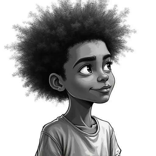 A boy with a wild afro hairstyle, sketched with bold, expressive lines and dramatic shading.