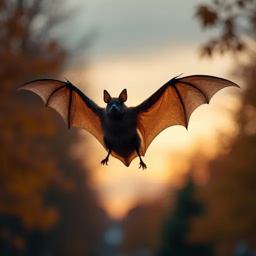 A bat flying through a cool autumn evening, its wings slicing through the crisp air as golden leaves drift past under the dimming twilight sky.