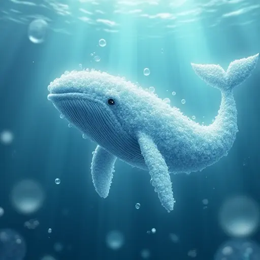 A whale made of bubbles, floating in a dreamy underwater world, surrounded by light, soft, transparent shapes.