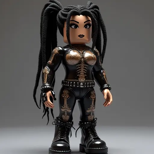 This Roblox avatar perfectly showcases a girl with strength and attitude! She sports dreadlock hair and bold black makeup, wearing a black leather bodysuit with metal skull designs, studs, and tassel details, all adding a strong metallic and rock vibe to her look. The design emphasizes bold personality and rebellious energy. This free downloadable 3D avatar is perfect for Roblox players who love edgy, independent styles. If you’re into powerful and unique looks, download this avatar now and make it your standout character in Roblox!