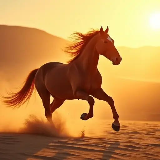 A horse galloping through a sandy desert, its mane flowing with golden and orange hues under a blazing sun.